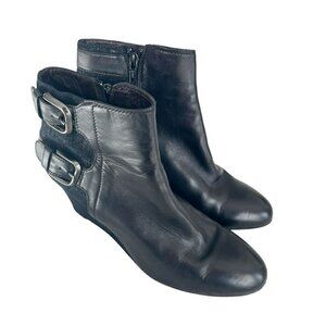 AGL Women's Sz 39 Black Leather Double Buckle Wedge Ankle Booties Made in Italy